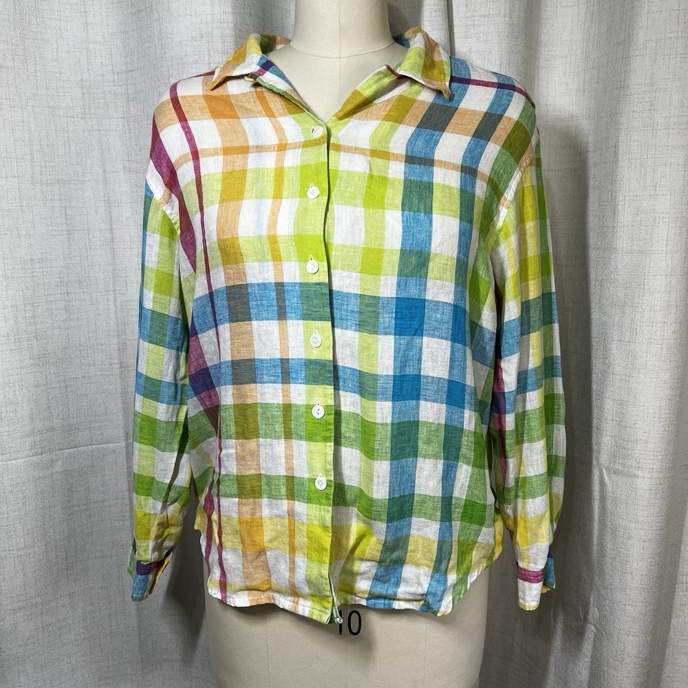 Vintage Talbots Top Womens Medium Petite Green Blue Plaid Button Up Linen Blend